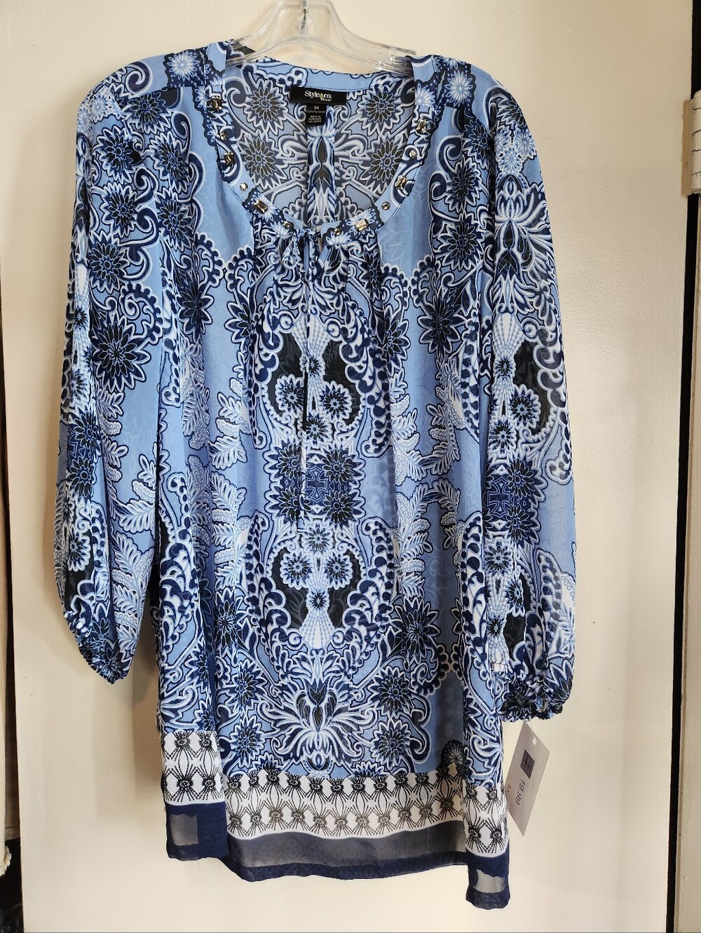 Style & Co. Blue Paisley Tie-Neck Tunic